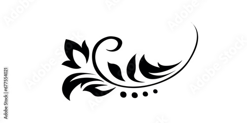 Abstract pattern, decorative element, clip art with stylized leaves, flowers and curls in black lines on white background. Vintage ornate
