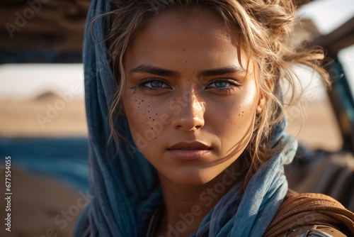 Close-up portrait of a beautiful blue-eyed woman looking directly into the camera in the desert