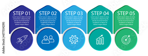 Five step, simple 3D infographic design with colorful colors, icons, text and lines. Great for your business presentations
