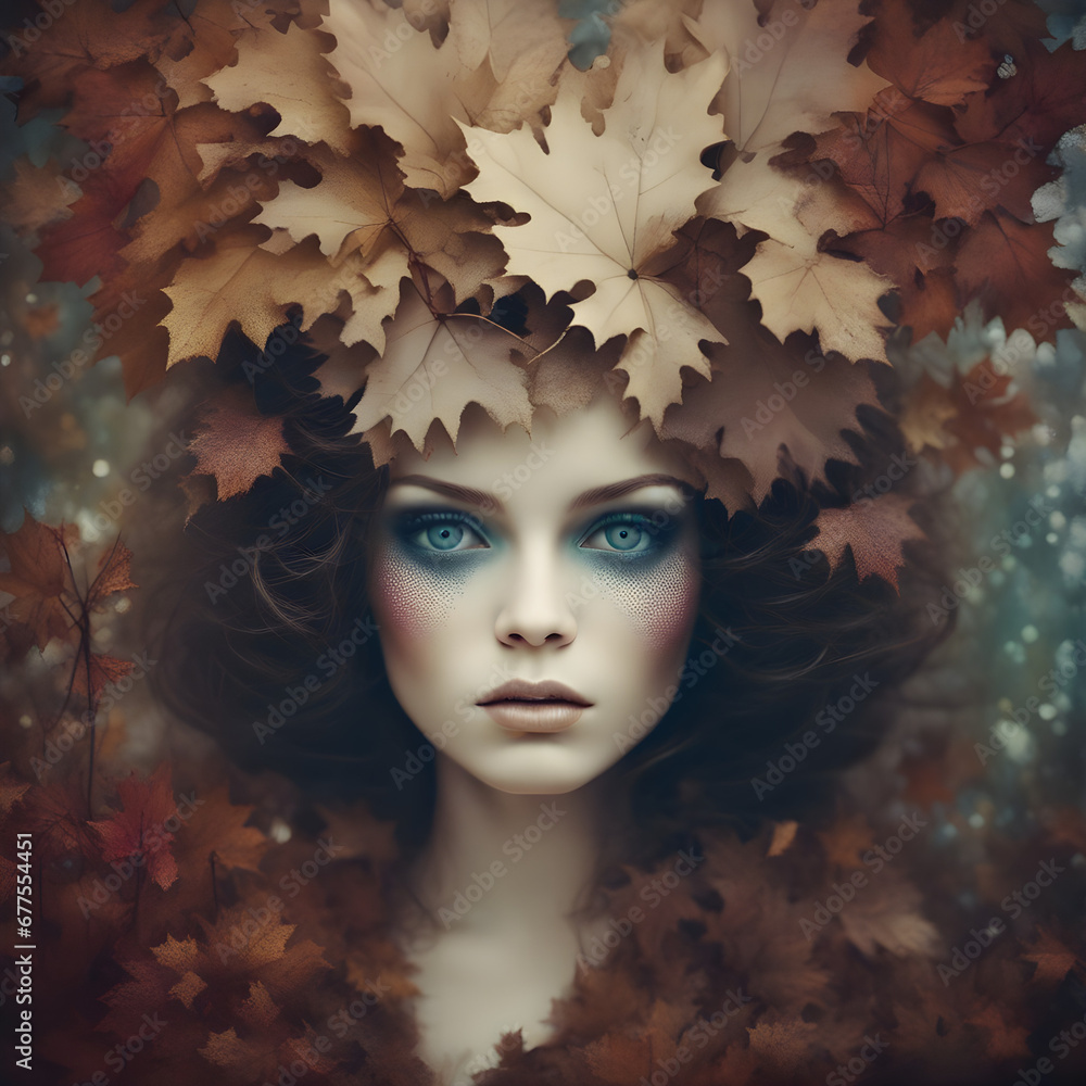 A fall inspired painting of a beautiful female model in autumn leafs