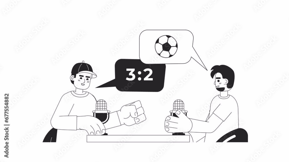 Soccer fans discussing match with microphones bw 2D characters