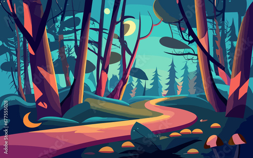 Night forest landscape with trees and road, glowworms and mushrooms shining in darkness. Wild wood fantasy background, dark mysterious place with plants under moonlight, Cartoon vector illustration © MdAbdullah