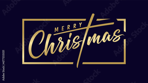 Merry Christmas postcard design. Golden text and dark background. Creative greeting card. Modern style with shiny gold gradient. Horizontal banner. Isolated elements. Holiday decoration. Media poster.