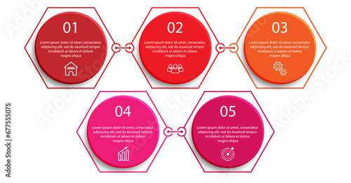 Five step, simple 3D infographic design with colorful colors, icons, text and lines. Great for your business presentations