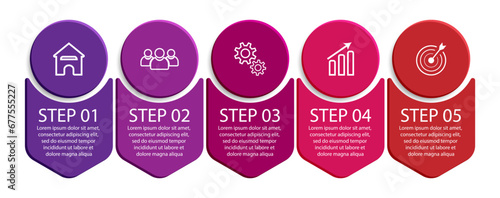 Five step, simple 3D infographic design with colorful colors, icons, text and lines. Great for your business presentations