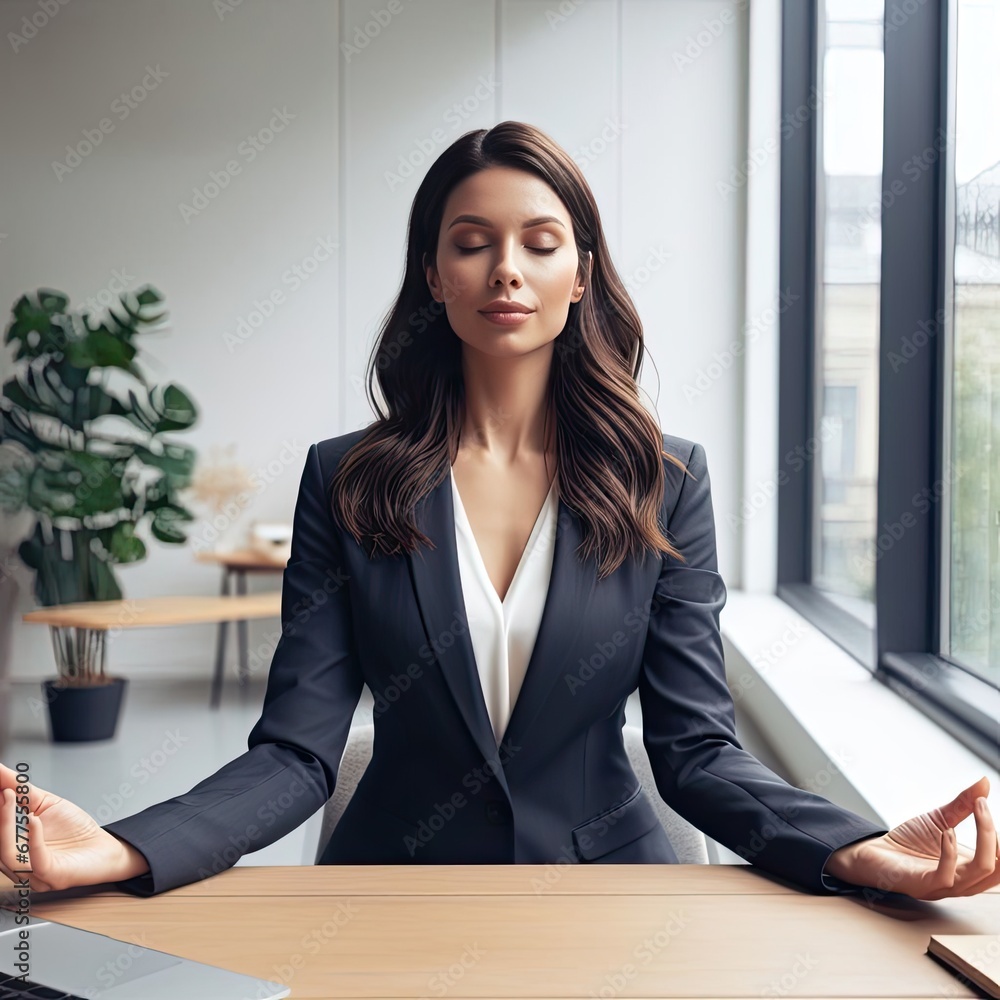 Calm and conscious businesswoman in suit meditating in office sitting doing yoga exercises at workplace, peace of mind, stress relief, States of Mind concept, generative ai Calm and conscious businesswoman in suit meditating in office sitting doing yoga exercises at workplace, peace of mind, stress relief, States of Mind concept, generative ai