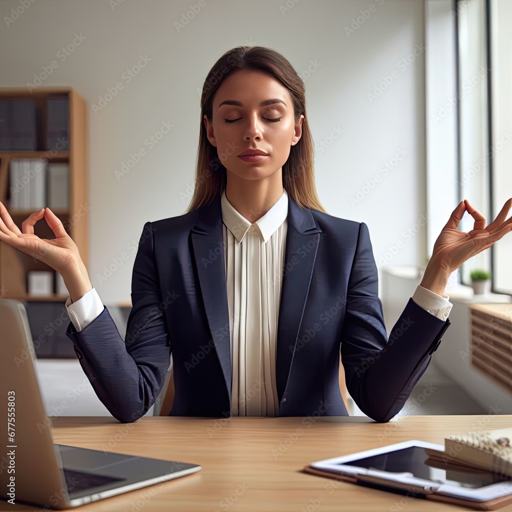 Calm and conscious businesswoman in suit meditating in office sitting doing yoga exercises at workplace, peace of mind, stress relief, States of Mind concept, generative ai Calm and conscious businesswoman in suit meditating in office sitting doing yoga exercises at workplace, peace of mind, stress relief, States of Mind concept, generative ai