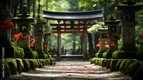 A traditional Japanese shrine, with torii gates leading to a sacred forest as the background, during a Shinto ceremony