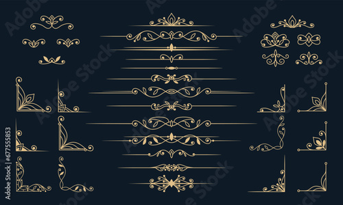 Decorative Elegant Dividers Flourishes Corner Borders Vector Engraving Collection of Decorative Symmetrical embellishment for Wedding or Certificate