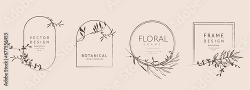 Luxury logo templates with hand drawn trendy plant, branch, flower and leaf elements in line sketch style. Elegant vector floral frame for label, corporate identity, wedding invitation, save the date