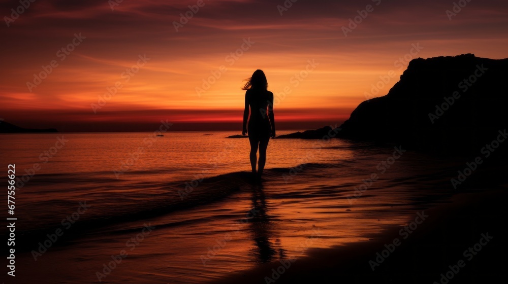 clam and peaceful beautiful moment of rear view beautiful woman standing on the beach watching sunset beauty seascape landscape background travel concept