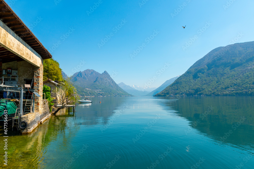 Port on Alpine Lake Lugano with Mountain in Ticino, Switzerland.