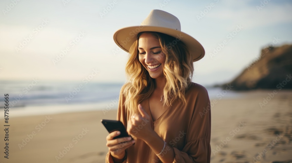 cheerful female woman enjoy freshness delight summertime holiday vacation woman using smartphone while walking on the beach ocean beautiful landscape travel concept - obrazy, fototapety, plakaty 