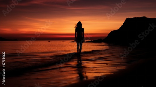 clam and peaceful beautiful moment of rear view beautiful woman standing on the beach watching sunset beauty seascape landscape background travel concept