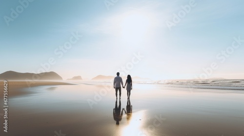 rear view of marry couple standing hand hold together watching beautiful wave and ocean against blue clear sky travel concept