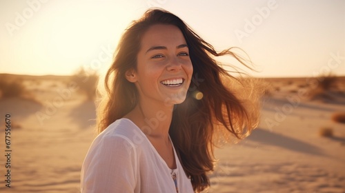 attractive delightful freshness female woman traveller enjoy sightseeing travel tour in desert sand dune in sunset woman travel beautiful landscape background