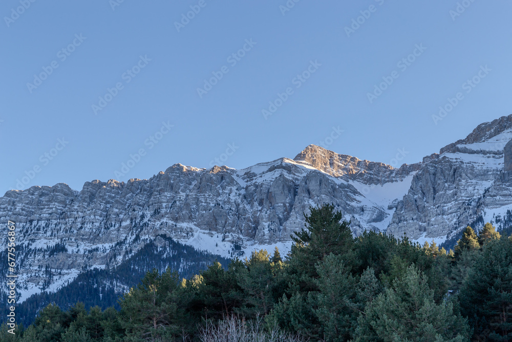 Snow and snowy trees in front of a large snow-capped mountain in northern Spain. Catalonia