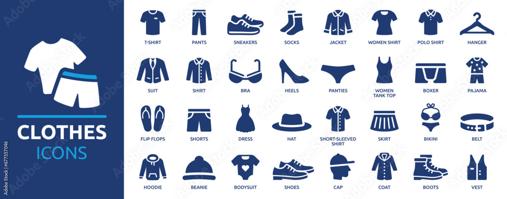 Clothes icon set. Containing shirt, pants, shoes, socks, shorts, t-shirt, dress, coat, hat, hanger and more. Solid clothing icons vector collection. - obrazy, fototapety, plakaty 