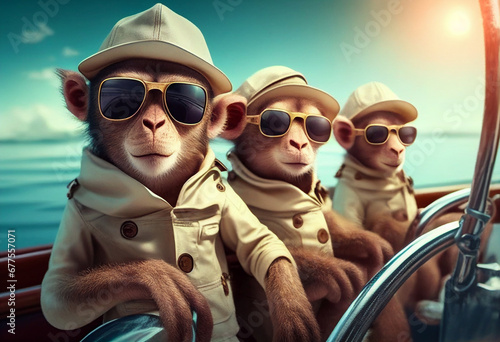 Funny monkeys in jackets and sunglasses traveling on a yacht. AI Generated ©  iiulia