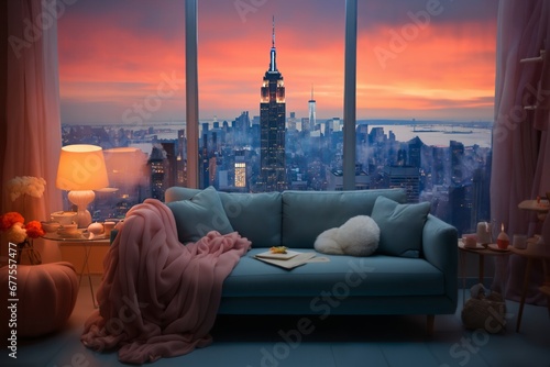 modern interior of a living room in an apartment  furniture  a table and sofa and pillows  a beautiful view outside the window of a modern metropolis with skyscrapers at sunset