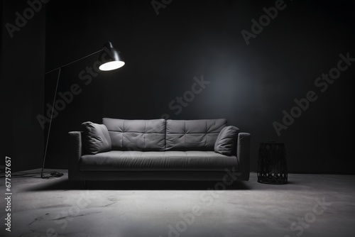 a gray sofa, fashionable comfortable and stylish, by the gray wall © soleg