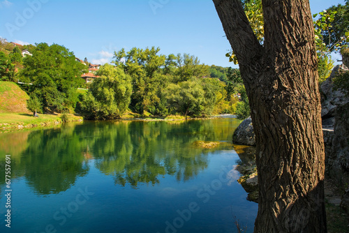 The Vrbas River as it flows through Srpske Toplice south east of Banja Luka in Republika Srpska, Bosnia and Herzegovina. Viewed at Vrucica Hot Springs 