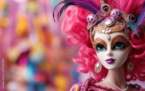 Happy Mardi Gras poster. A doll with pink hair and white face in Venetian masquerade mask with feathers for carnivals. Costume party outfit, bokeh, de focus. Cosplay concept. AI Generative