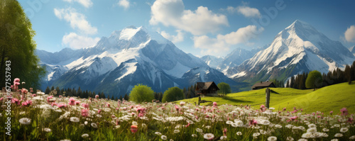 Idyllic mountain landscape in the Alps with blooming meadows in springtime. Generative Ai photo