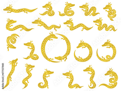 金色の小さい龍のキャラクターのシルエットイラストセット