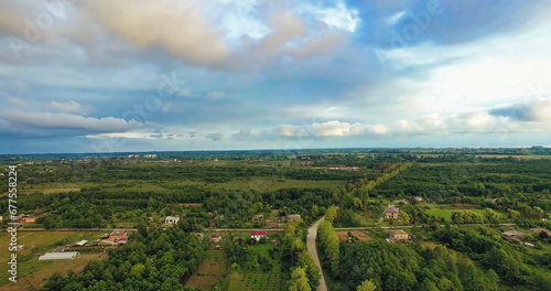 Aerial landscape panorama of the village. Abkhazia