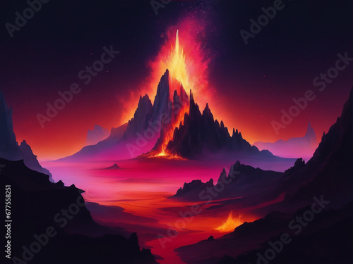 Volcanic Horizon. An evocative illustration of a volcanic landscape  capturing the raw beauty of nature s power  meticulously crafted and generated by AI