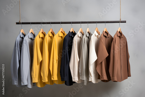 Hung on racks clothes of warm color palette