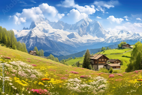 Idyllic mountain landscape in the Alps with blooming meadows in springtime. Generative Ai