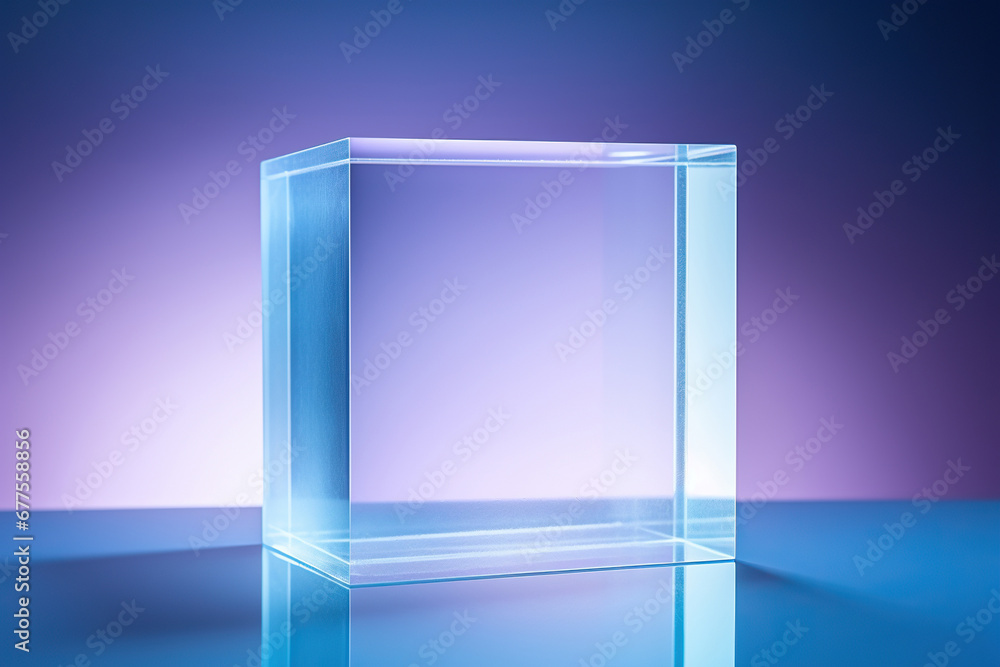 Transparent glass cube on a blue gradient background. Transparent ...