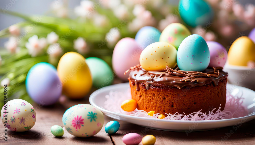 Obraz premium Easter egg and cake on table background. Happy Easter backdrop for spring holiday.
