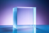 Transparent glass cube on a blue gradient background. Transparent background texture with a dream for text. Generated by artificial intelligence