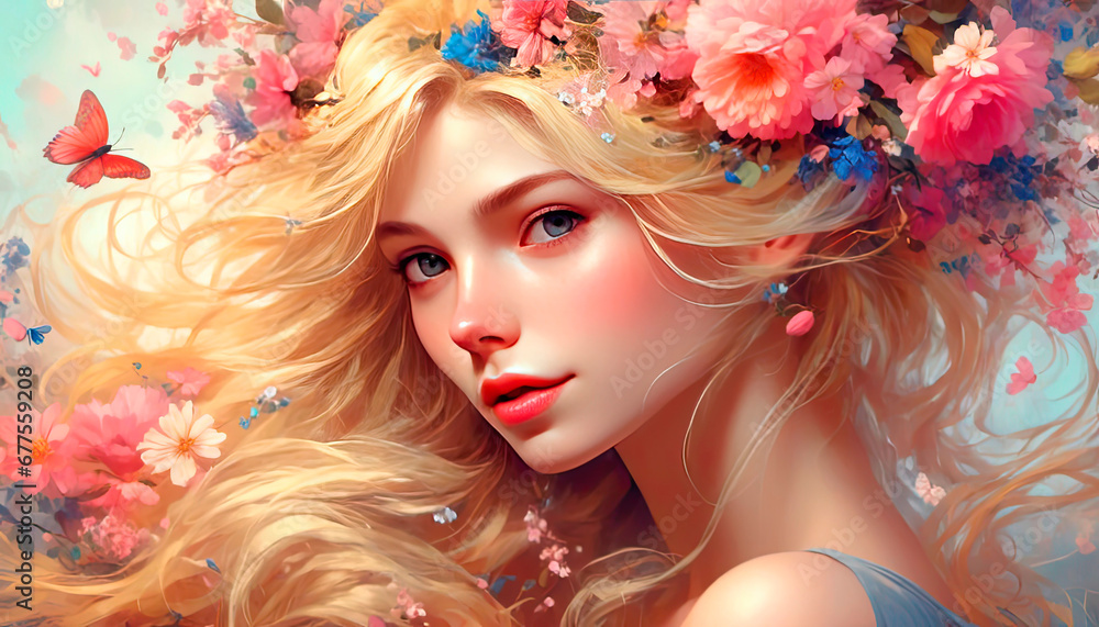Portrait of a girl with hair blowing in the wind, flowers in her hair, romance, tenderness Portrait of a girl with hair blowing in the wind, flowers in her hair, romance, tenderness