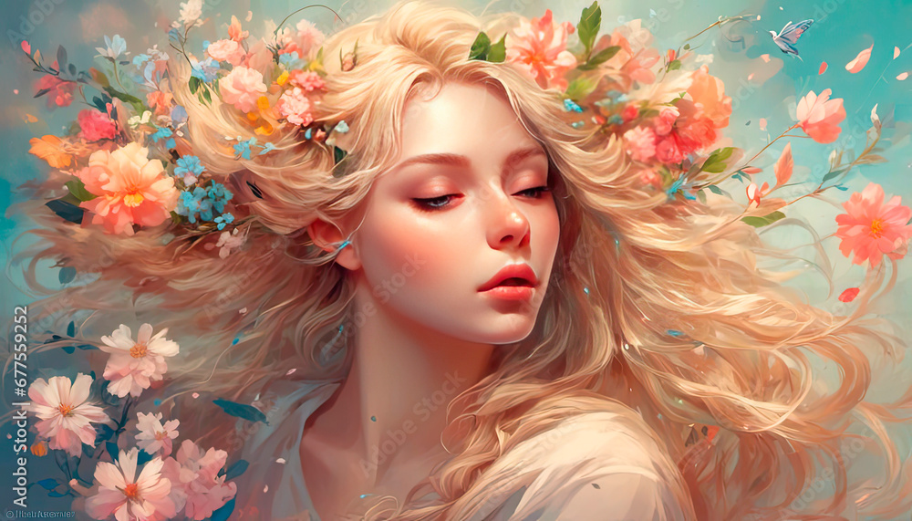 Portrait of a girl with hair blowing in the wind, flowers in her hair, romance, tenderness