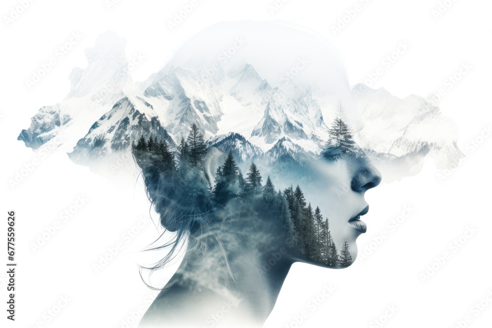 Double exposure silhouette head portrait of girl combined with photograph of mountains. - obrazy, fototapety, plakaty 