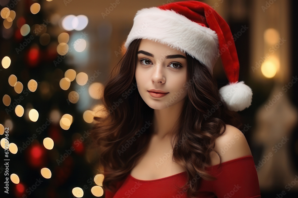A beautiful brunette woman in a New Year's hat smiles against the background of a Christmas tree. AI generative. A beautiful brunette woman in a New Year's hat smiles against the background of a Christmas tree. AI generative.