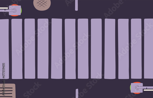 Empty urban cross walk, safety zebra top view. City street with traffic light, road markings from above. Free crosswalk for pedestrian from overhead. Unoccupied public way. Flat vector illustration