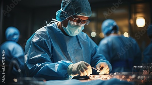 Medical staff wearing sterile suits perform surgery in a  operating room with modern equipment.