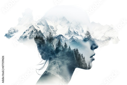 Double exposure silhouette head portrait of girl combined with photograph of mountains.