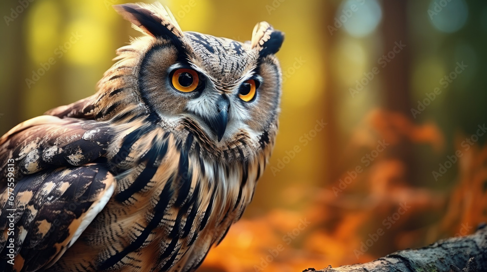 An Eurasian Eagle Owl staring at something out of shot in a woodland setting An Eurasian Eagle Owl staring at something out of shot in a woodland setting