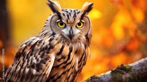 An Eurasian Eagle Owl staring at something out of shot in a woodland setting © Ruslan Gilmanshin
