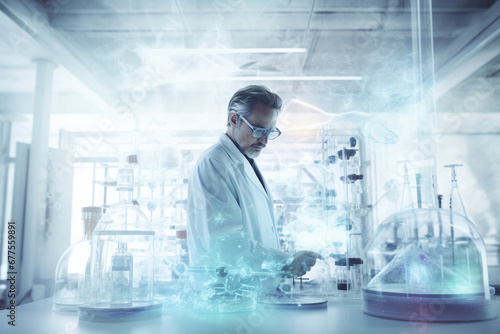 Double exposure photography of scientist and experiments lab, on white background