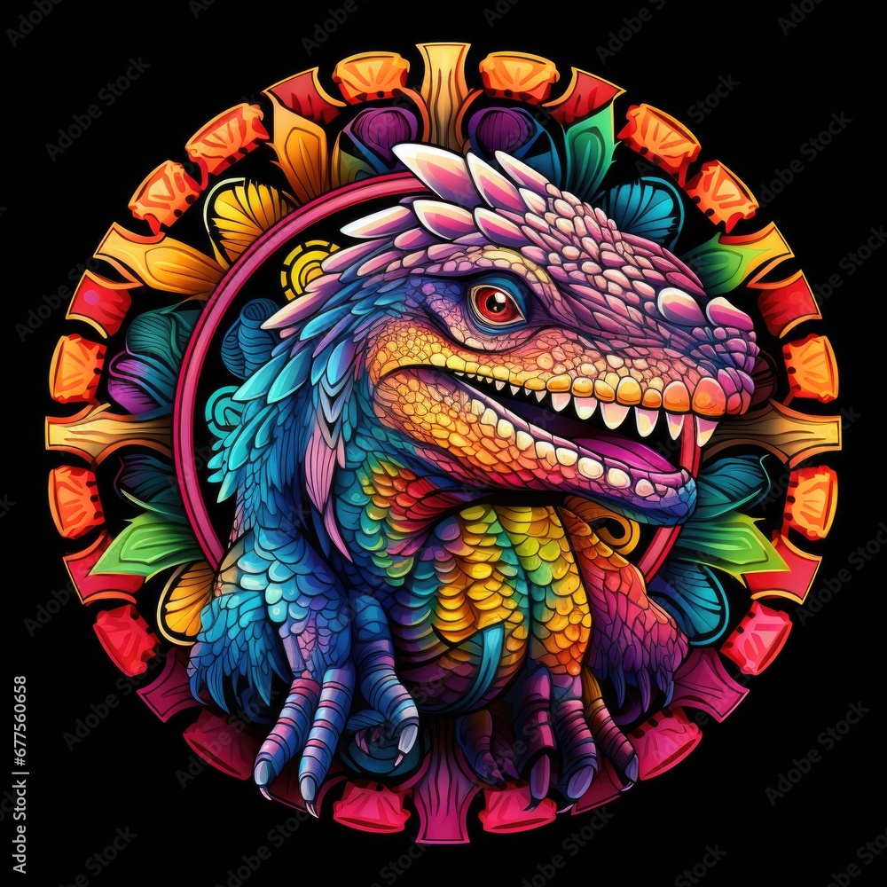 Colorful dinosaur mandala art on black background. Design print for t-shirt