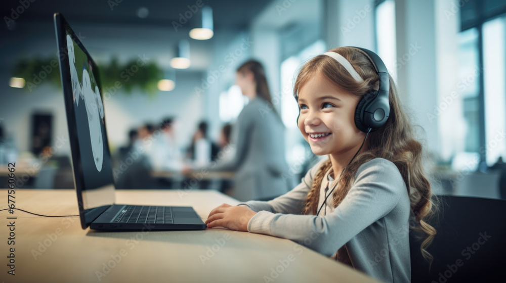 Smiling little Caucasian girl in headphones handwrite study online using laptop at home, cute happy small child in earphones take Internet web lesson or class on computer, homeschooling concept Smiling little Caucasian girl in headphones handwrite study online using laptop at home, cute happy small child in earphones take Internet web lesson or class on computer, homeschooling concept