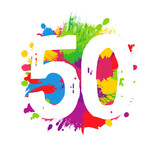 Colorful background with creative number 50. Grunge style. 50th anniversary celebrating logo. 50 years old card. Isolated graphic design. Bright backdrop with brushing strokes. Up to 50 percent off.
