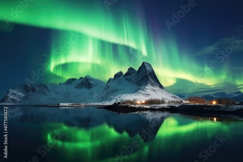 Beautiful Aurora borealis on the islands, Norway. Night sky with polar lights. Night winter landscape with aurora and reflection on the water surface. Natural background in the Norway . Generative Ai